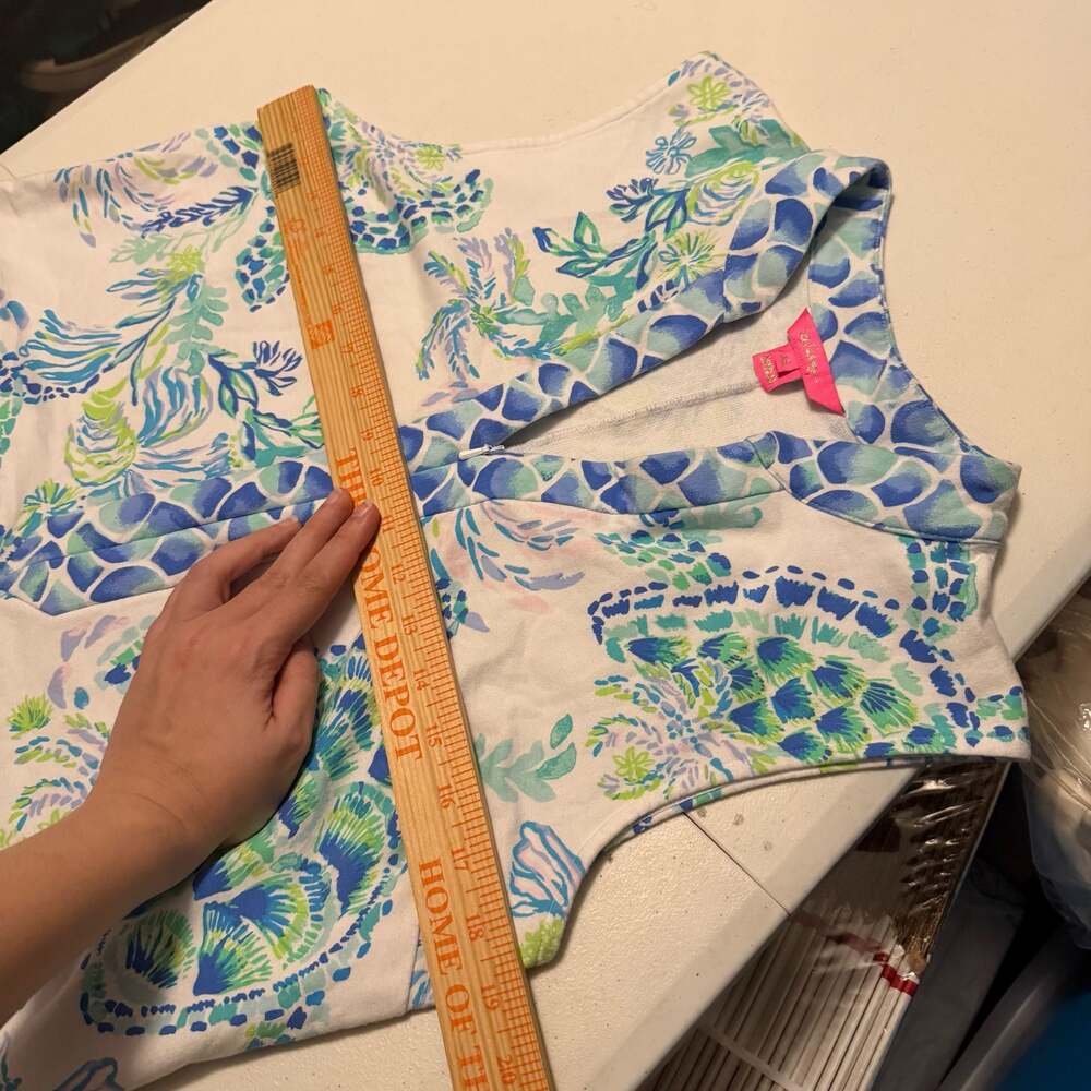 Sleeveless Blue & White Printed Shift Dress - Picture 9 of 9